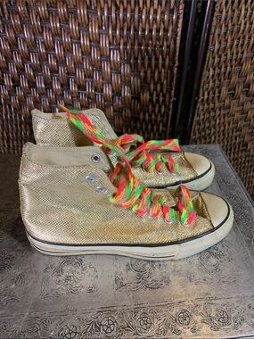 Converse Gold High-Top Sneakers with Neon Multicolor Laces